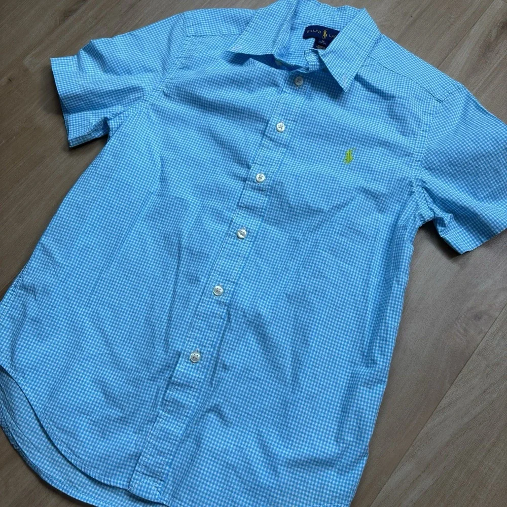 Ralph Lauren Button Down Short Sleeve Gingham Blue White‎ M(10-12) Kids